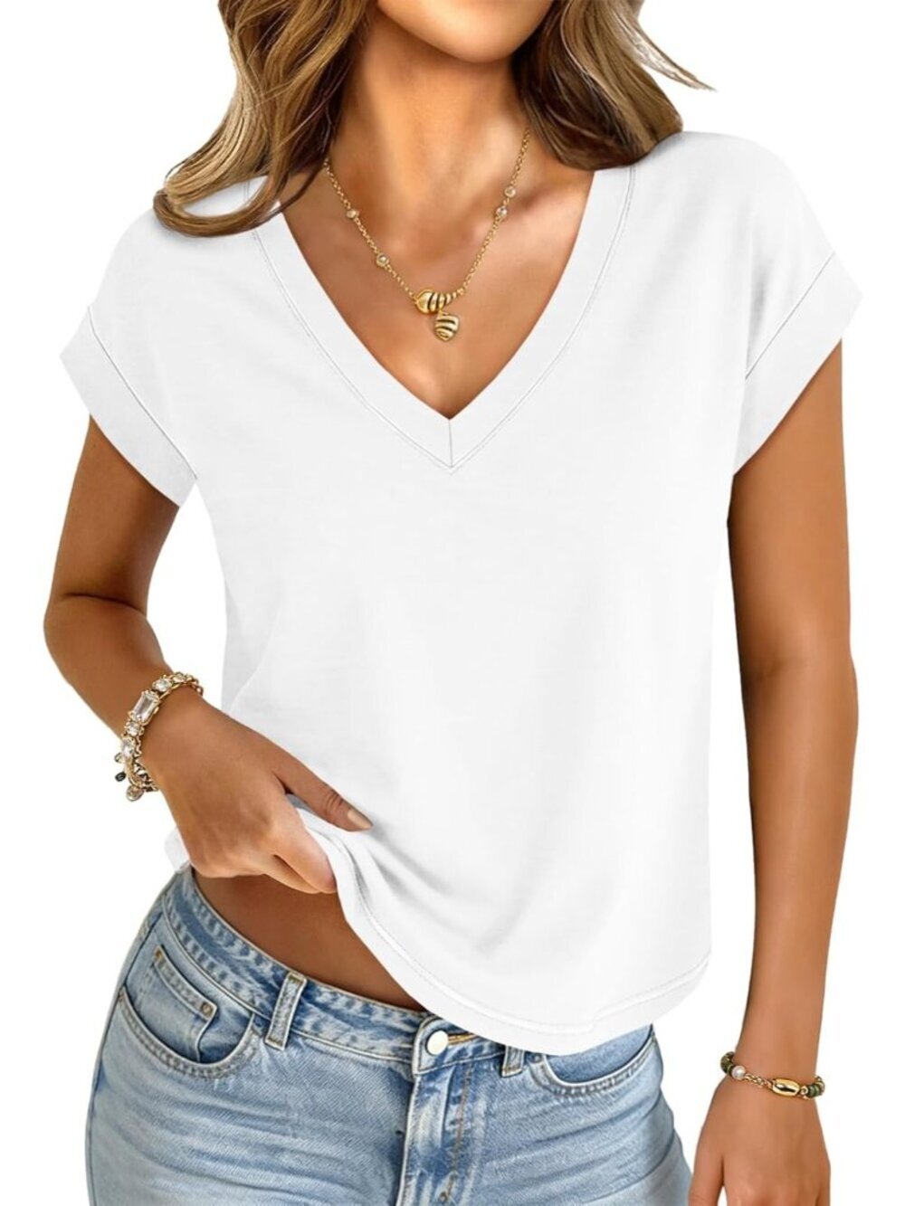 Women's White V Neck Cap Sleeve Summer Basic Loose Fit Pull On Crop Tops